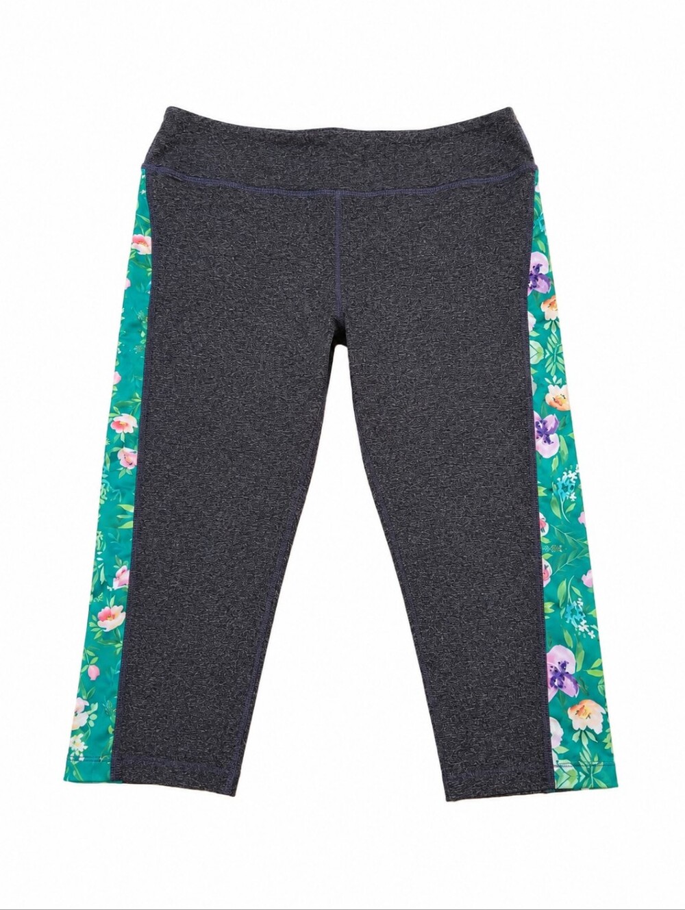 LuLaRoe Jade Capri Leggings XL Pebbled Gray Heather Floral Side Panels